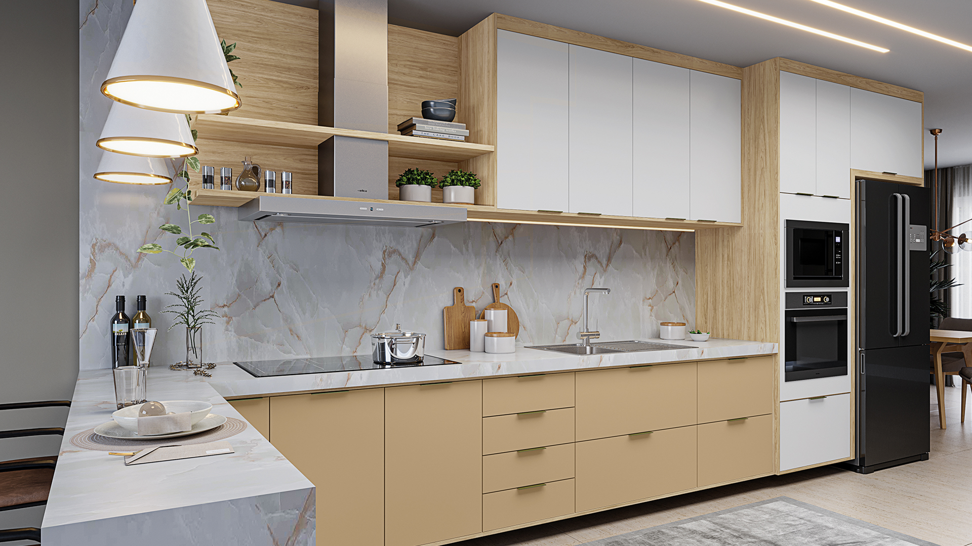 Cozinha com armários planejados em tonalidades claras