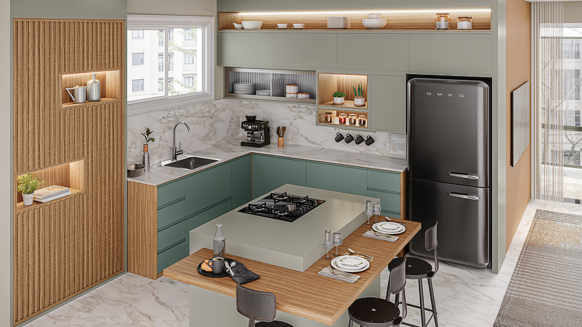 Cozinha com armários planejados em tonalidades de cinza claro e verde musgo