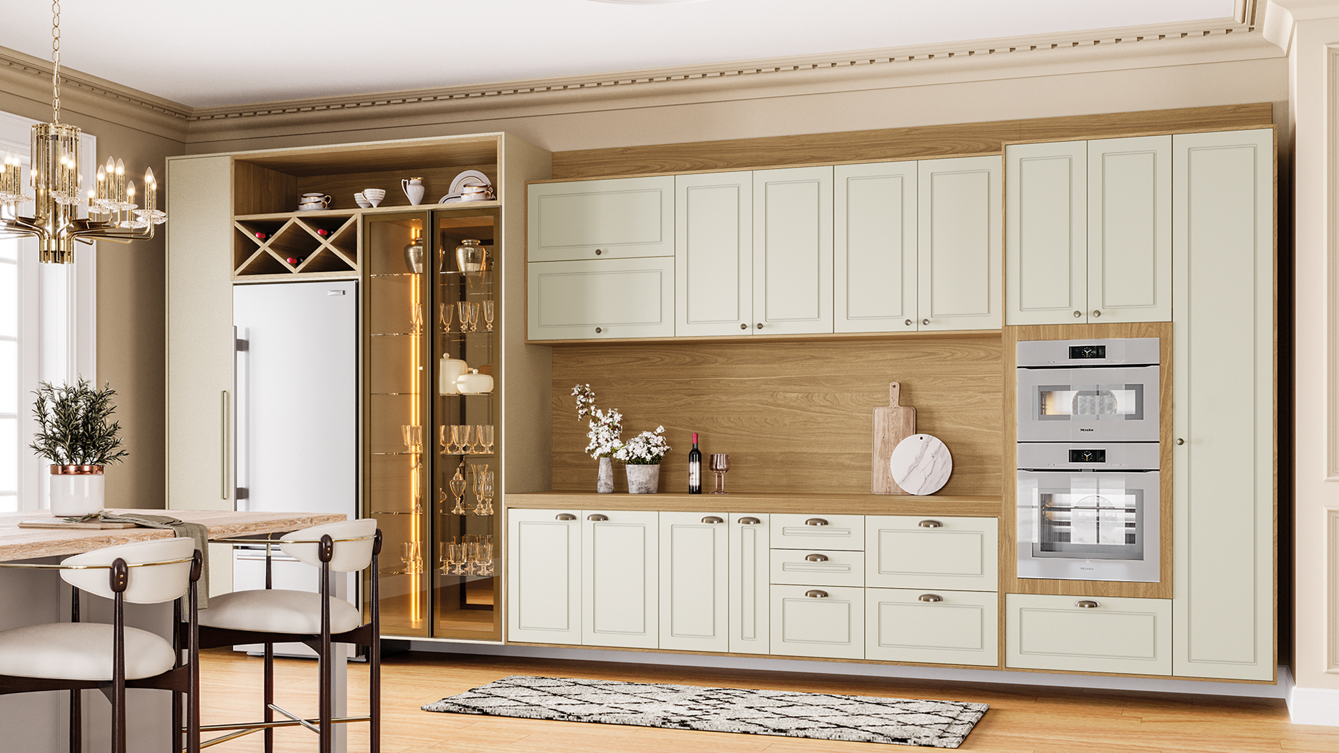 Cozinha com armários planejados em tonalidades de bege claro e madeira clara